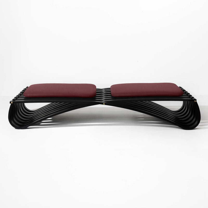 Black wooden daybed with two dark red textile cushions, front view