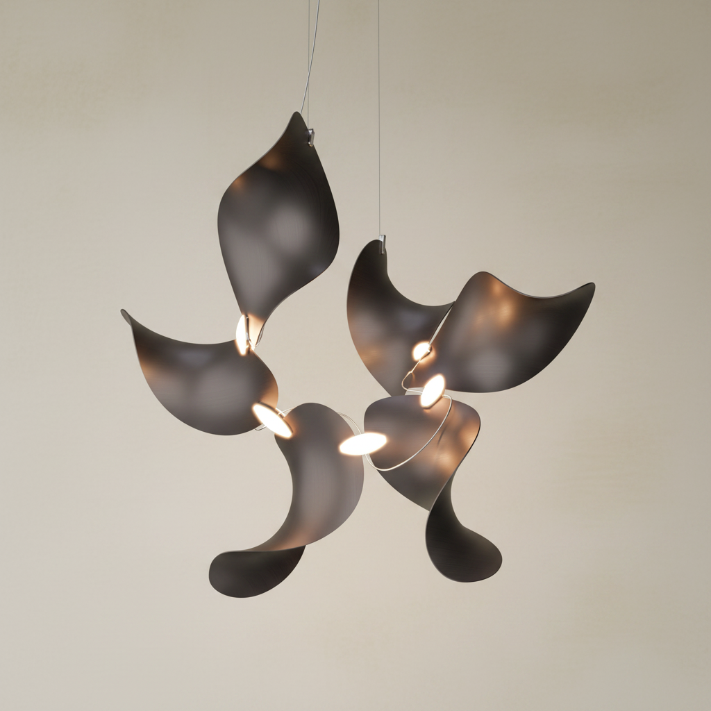 A modern multi-light pendant chandelier with five organic, flowing leaf-like shades in a dark bronze finish, suspended against a solid white background.
