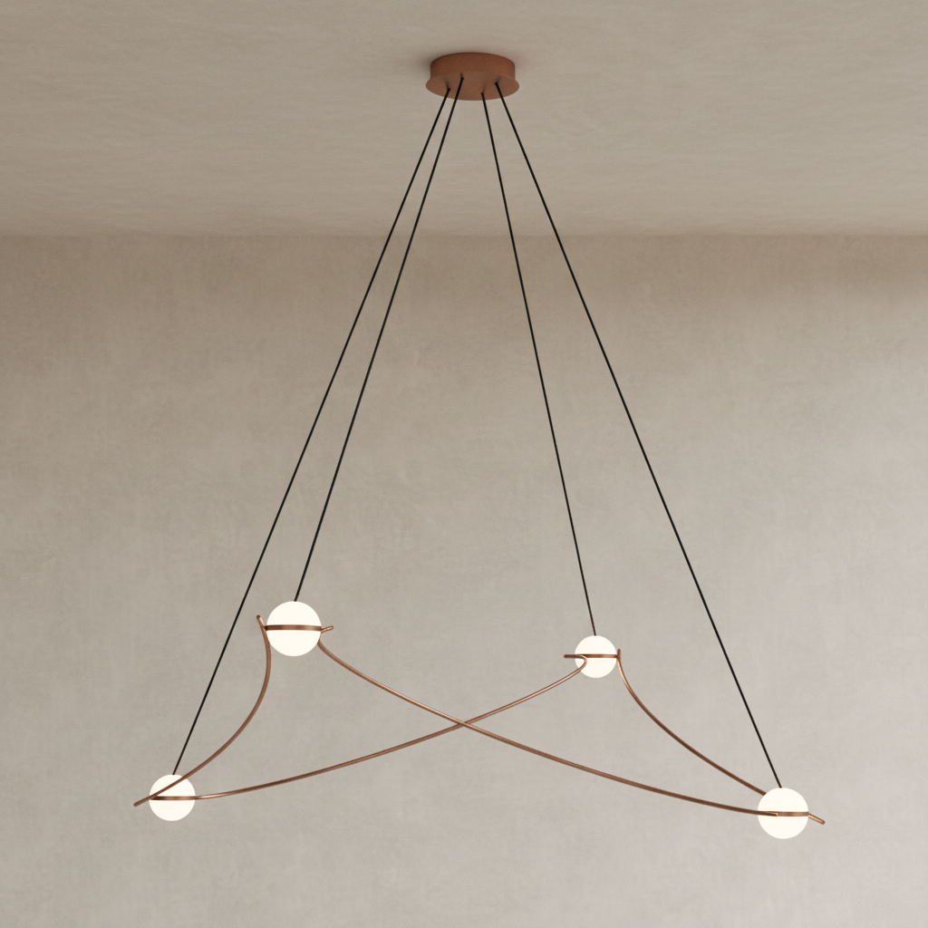 A modern multi-light linear pendant chandelier with a circular bronze ceiling canopy, six black suspension wires, and three curved brass-toned light bars with frosted glass shades, shown against a solid white background.