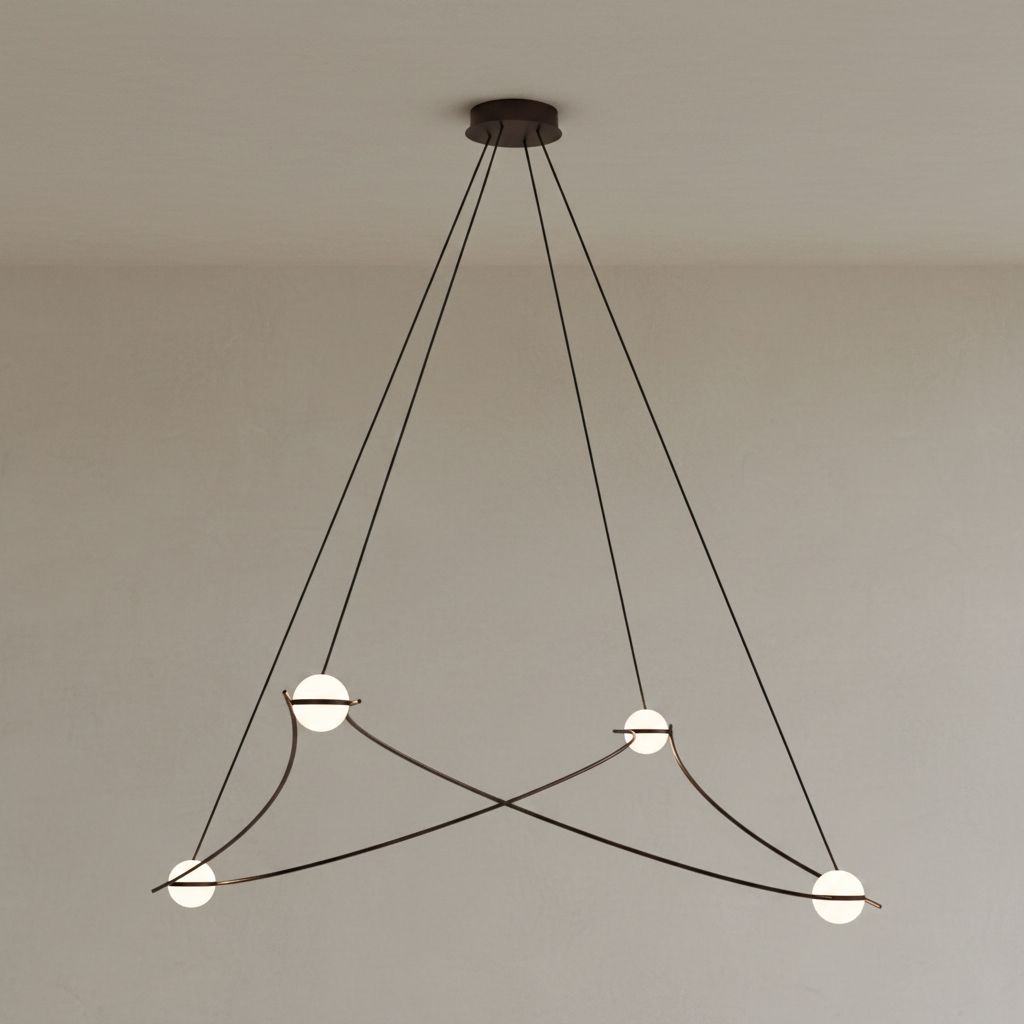 A modern multi-light linear pendant ceiling fixture with a circular black canopy and four hanging cords that form an open geometric shape with small illuminated arc segments.