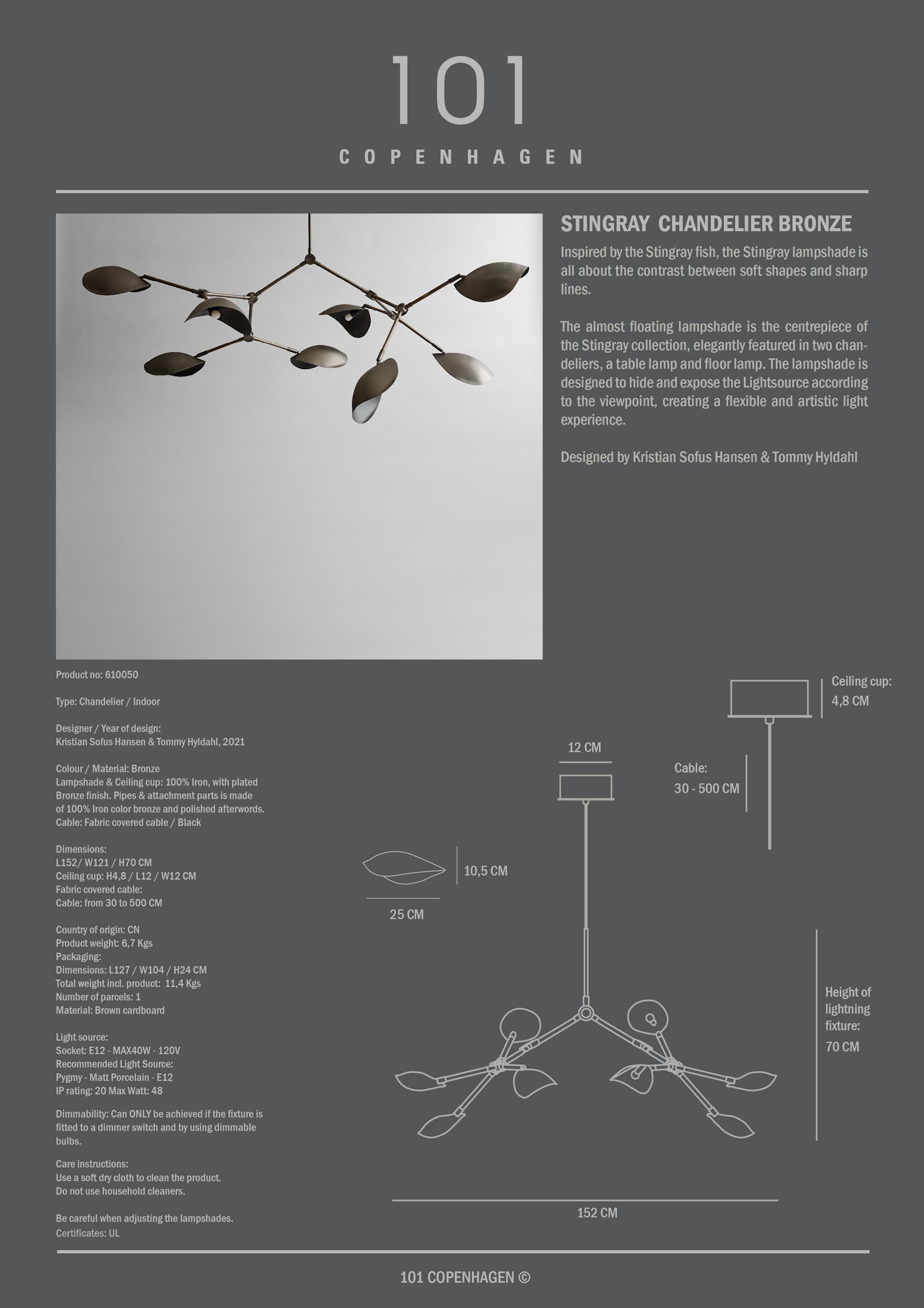 Stingray Chandelier - Bronze, UL