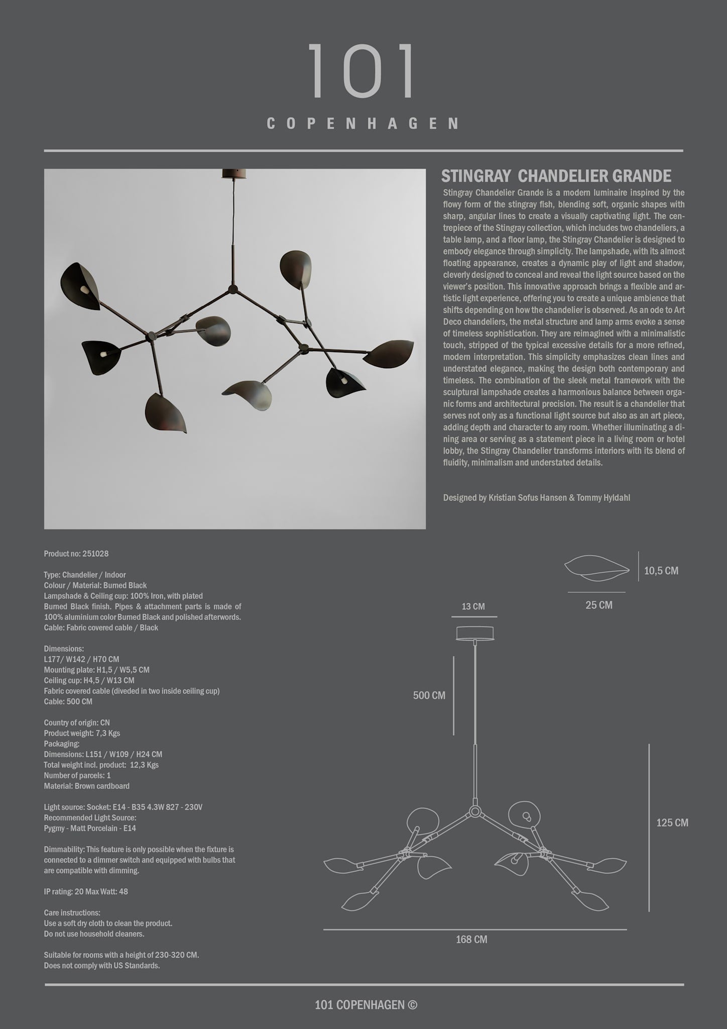 Stingray Chandelier, Grande - Burned Black (5m)*