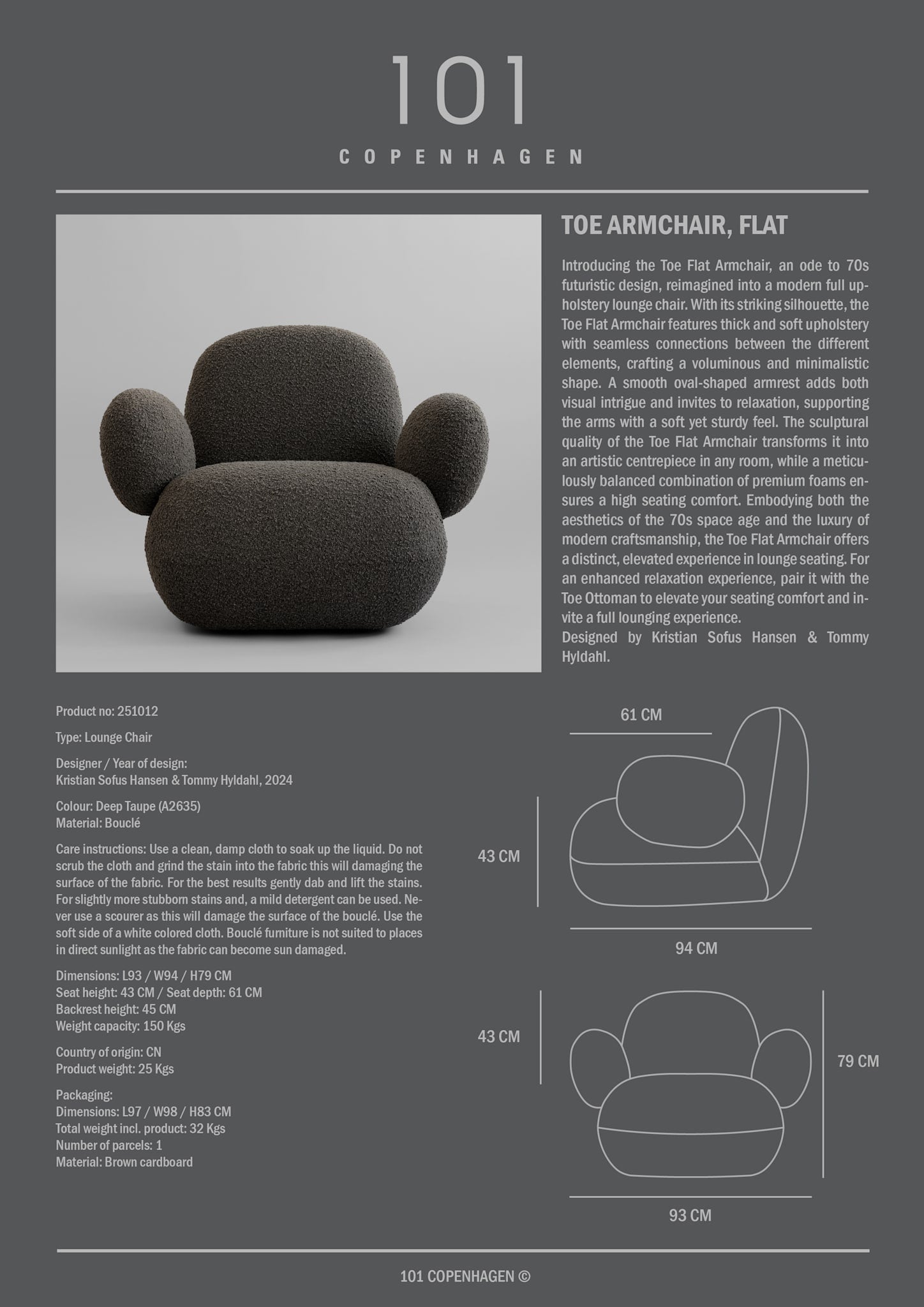 Toe Armchair, Flat - Deep Taupe Bouclé*