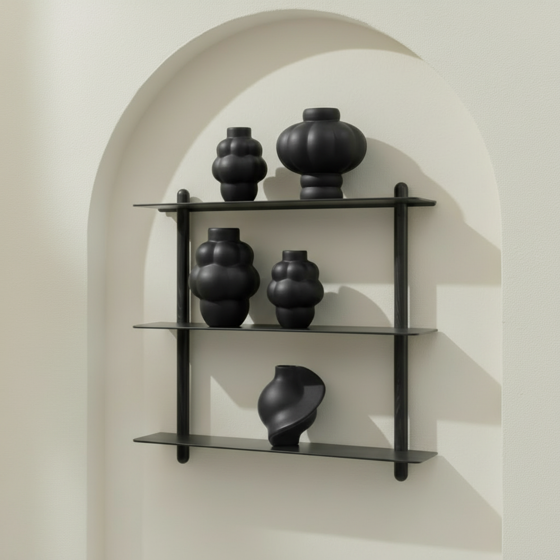 Angled view of Nivo shelf in arch