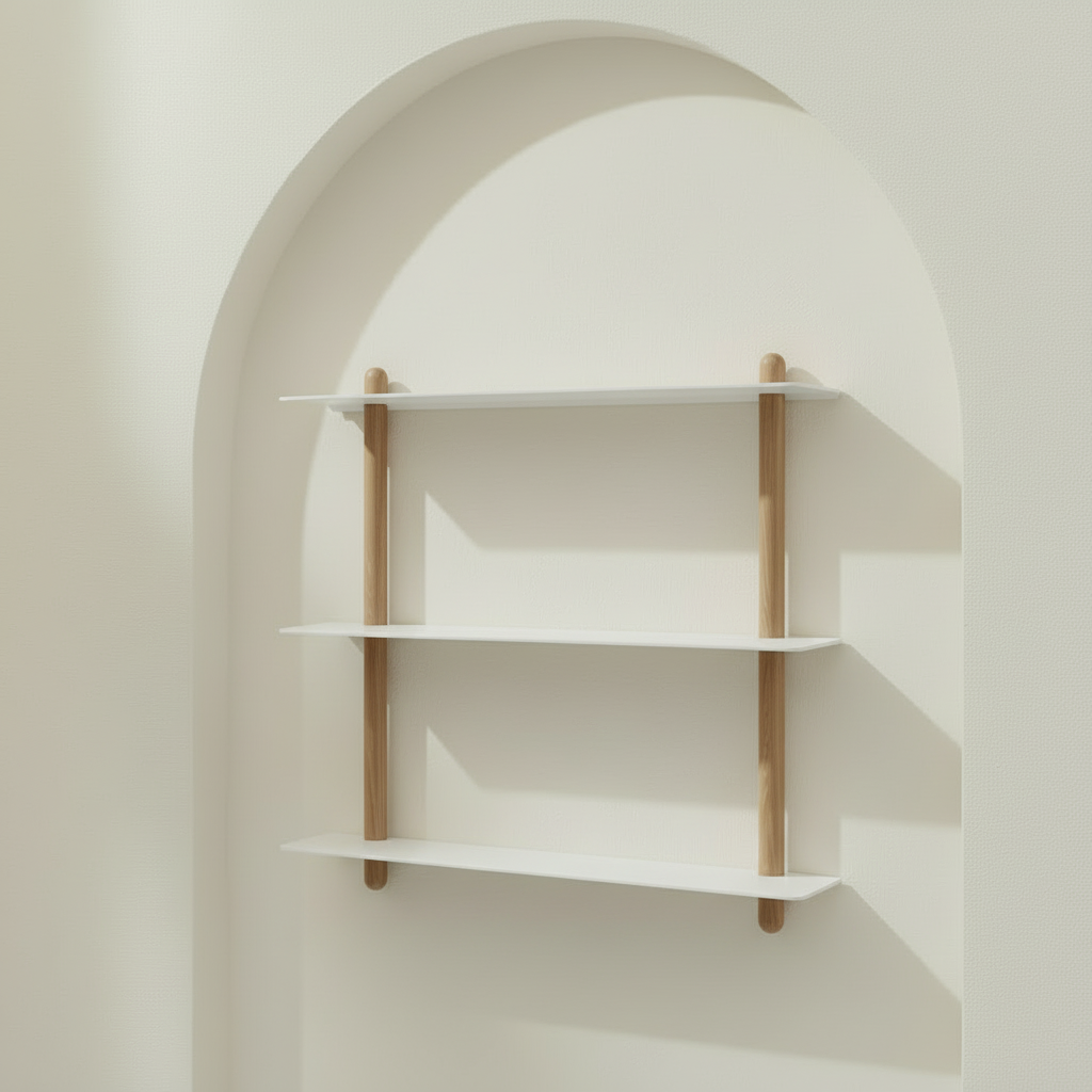 Angled view of white and oak Nivo shelf in arch