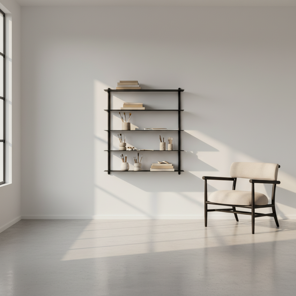 Artist studio with books on upper shelves