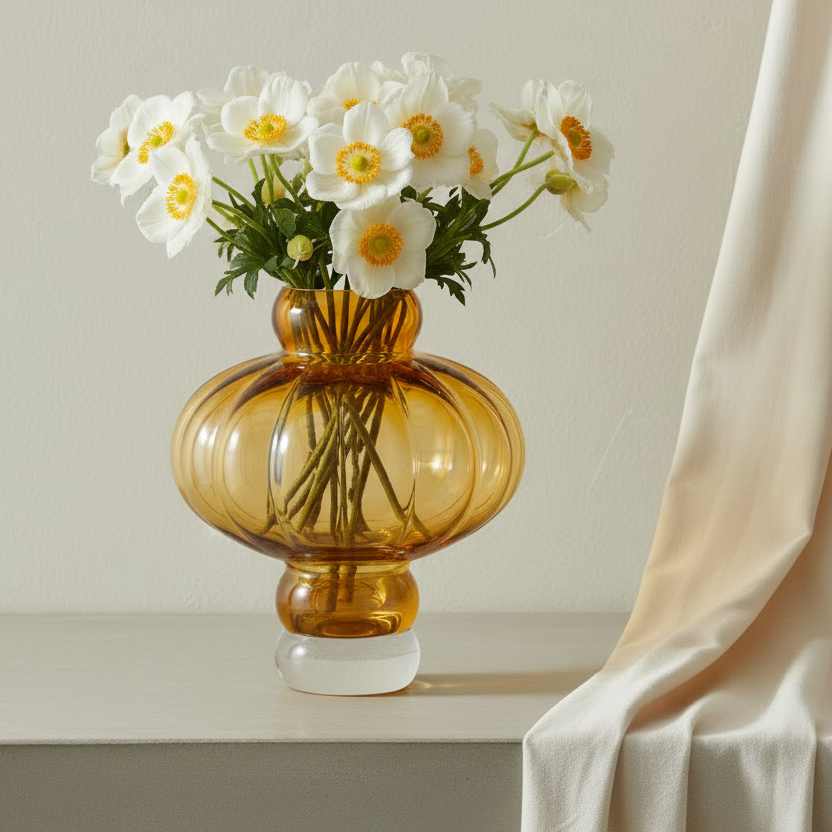 Balloon Vase 02 Amber with anemone flowers