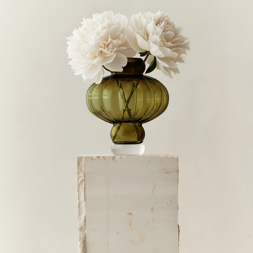 Balloon Vase 02 Olive with white peonies