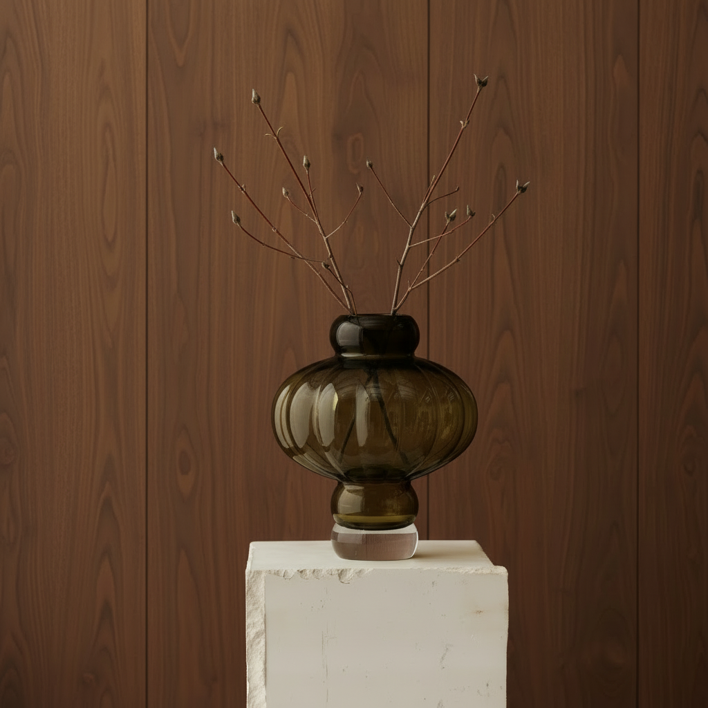 Balloon Vase 03 Olive on Podium Maxi Coffee with dogwood branches - no cloth