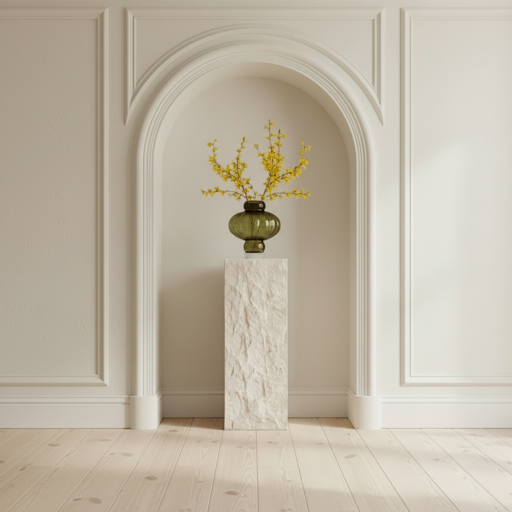 Balloon Vase 08 Olive on Podium with forsythia