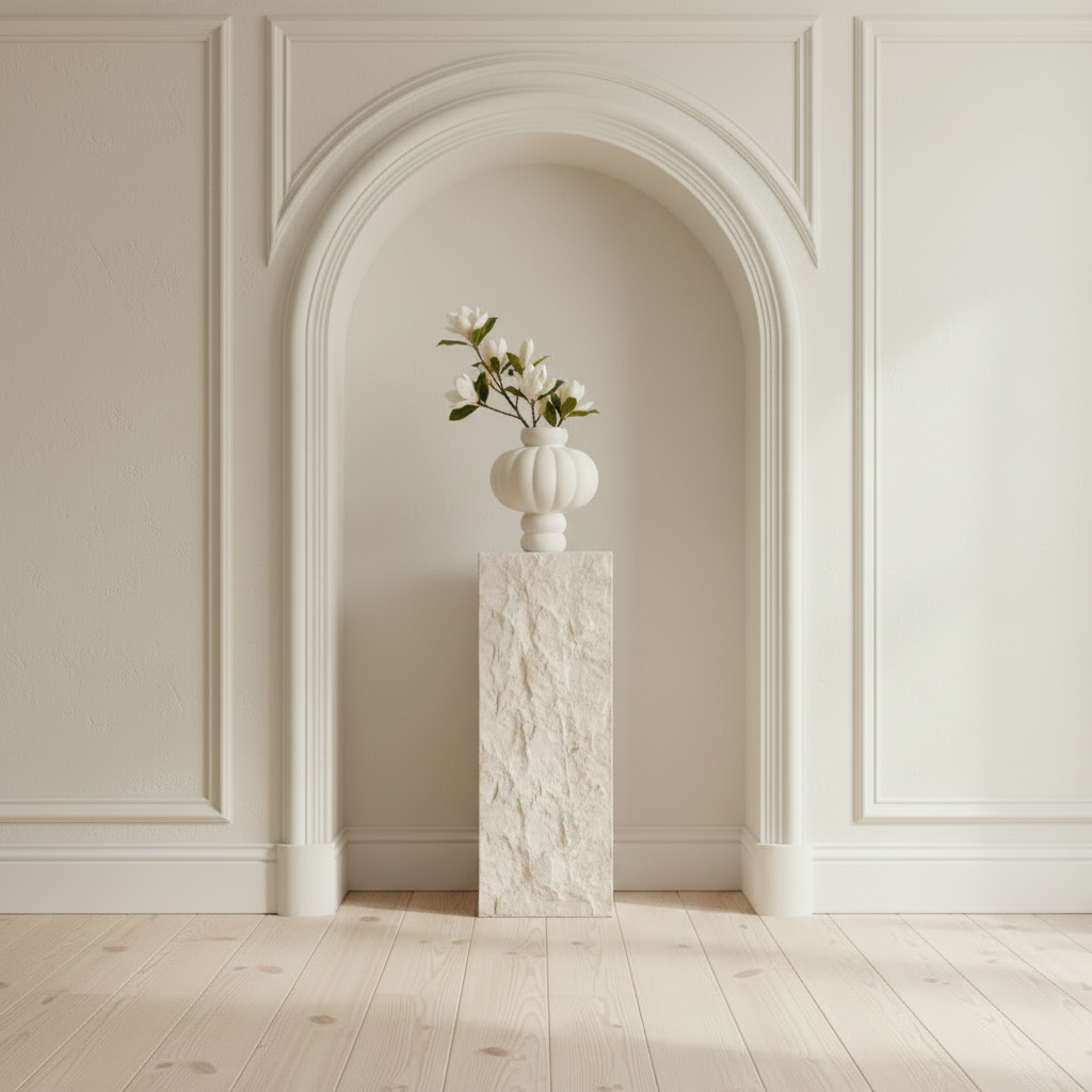 Balloon Vase 08 with magnolia on limestone podium in arched niche