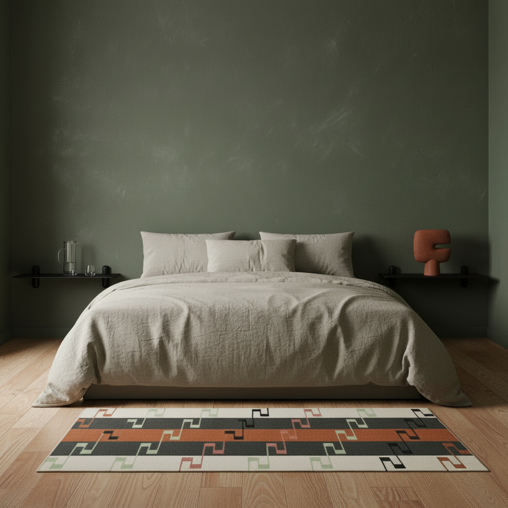 Bedroom scene with geometric rug without fringe