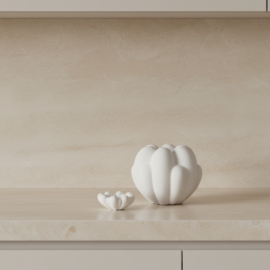 Bloom Tray Mini and Bloom Vase on limestone counter