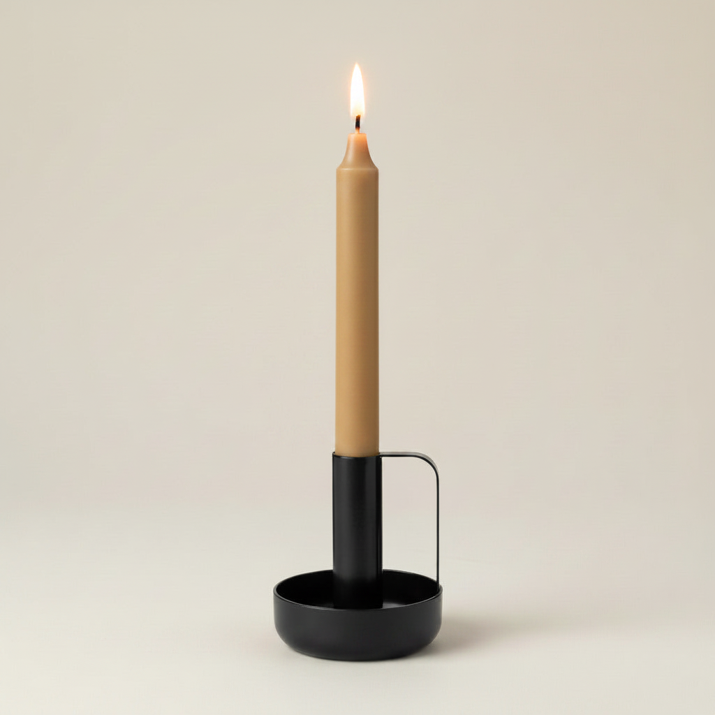 Candleholder with beige-ochre beeswax candle, lit