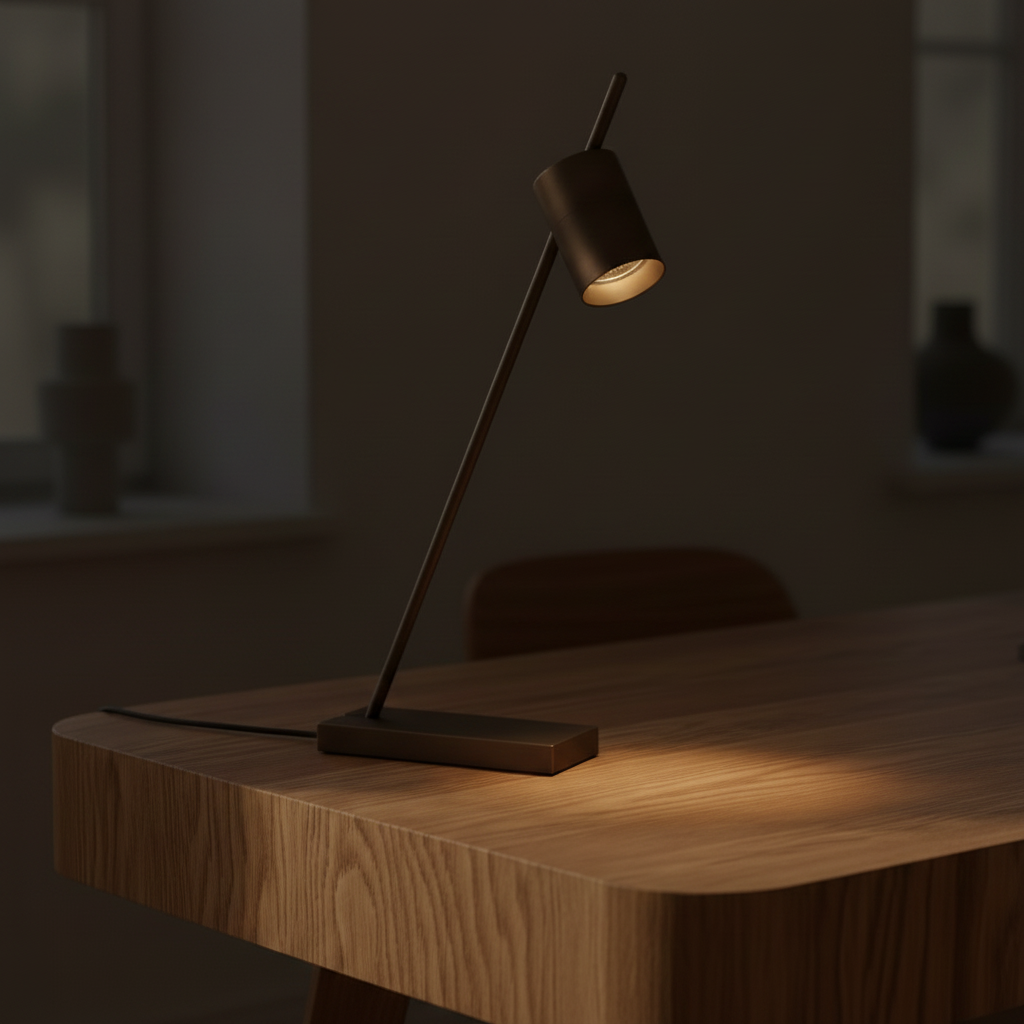 Clean oak desk corner with Aude bronze lamp