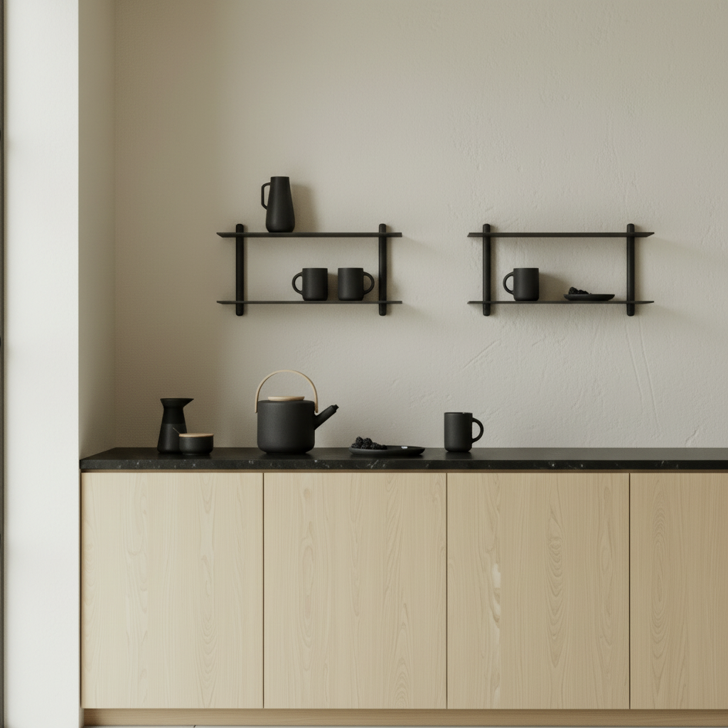 Close-up kitchen corner with Nivo shelves and Theo collection