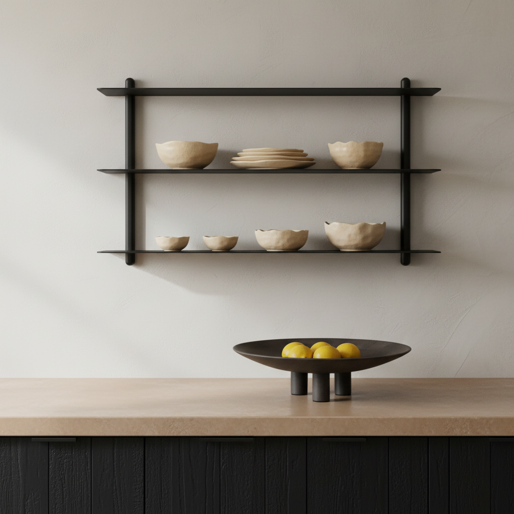 Close-up of Duck Plate and Nivo Shelf in Nordic kitchen