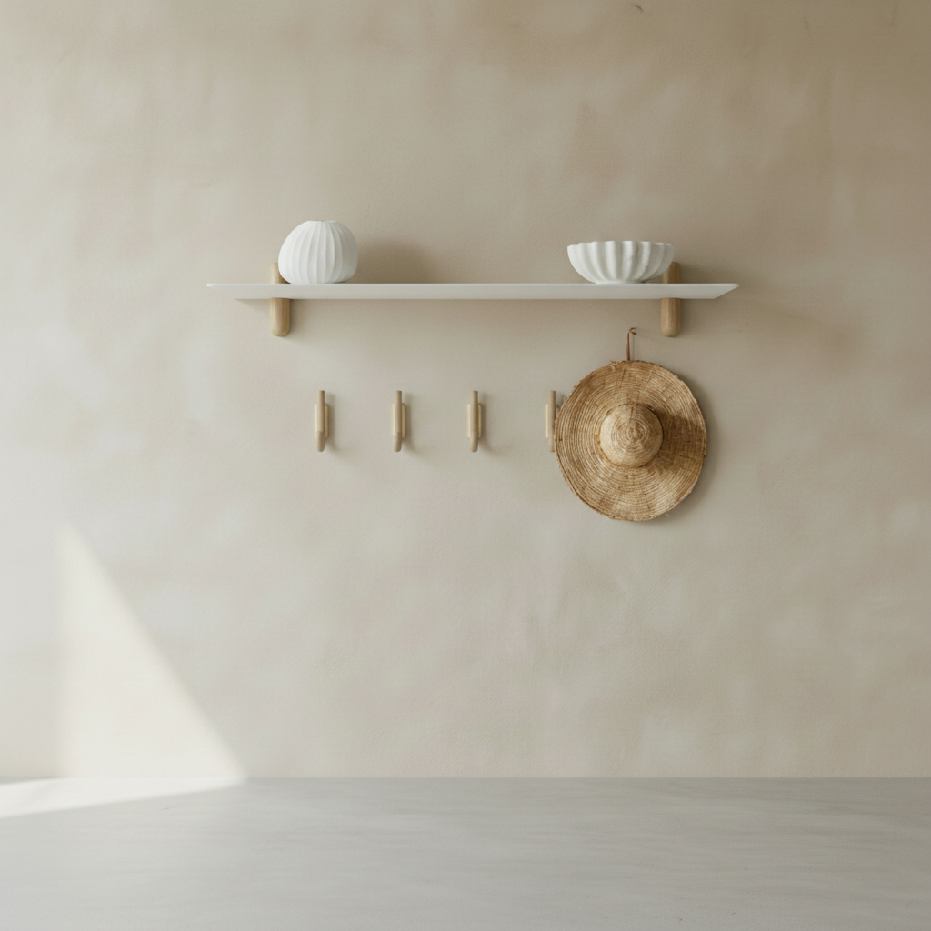 Close-up of NIVO shelf with accessories and hooks