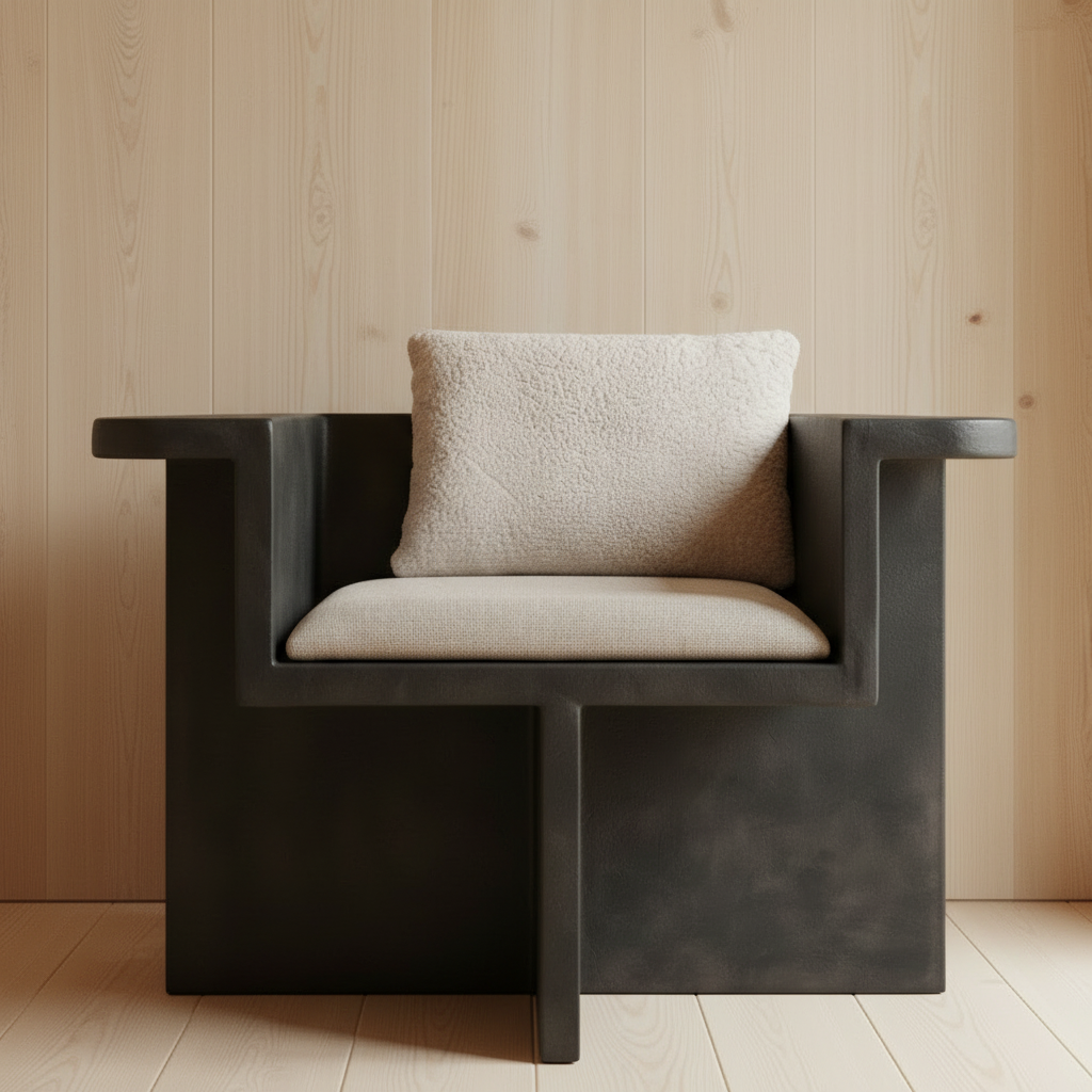 Close-up of single Brutus chair with sheepskin pillow