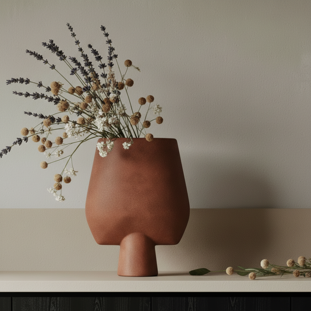 Close-up of terracotta vase with asymmetrical dried lavender arrangement