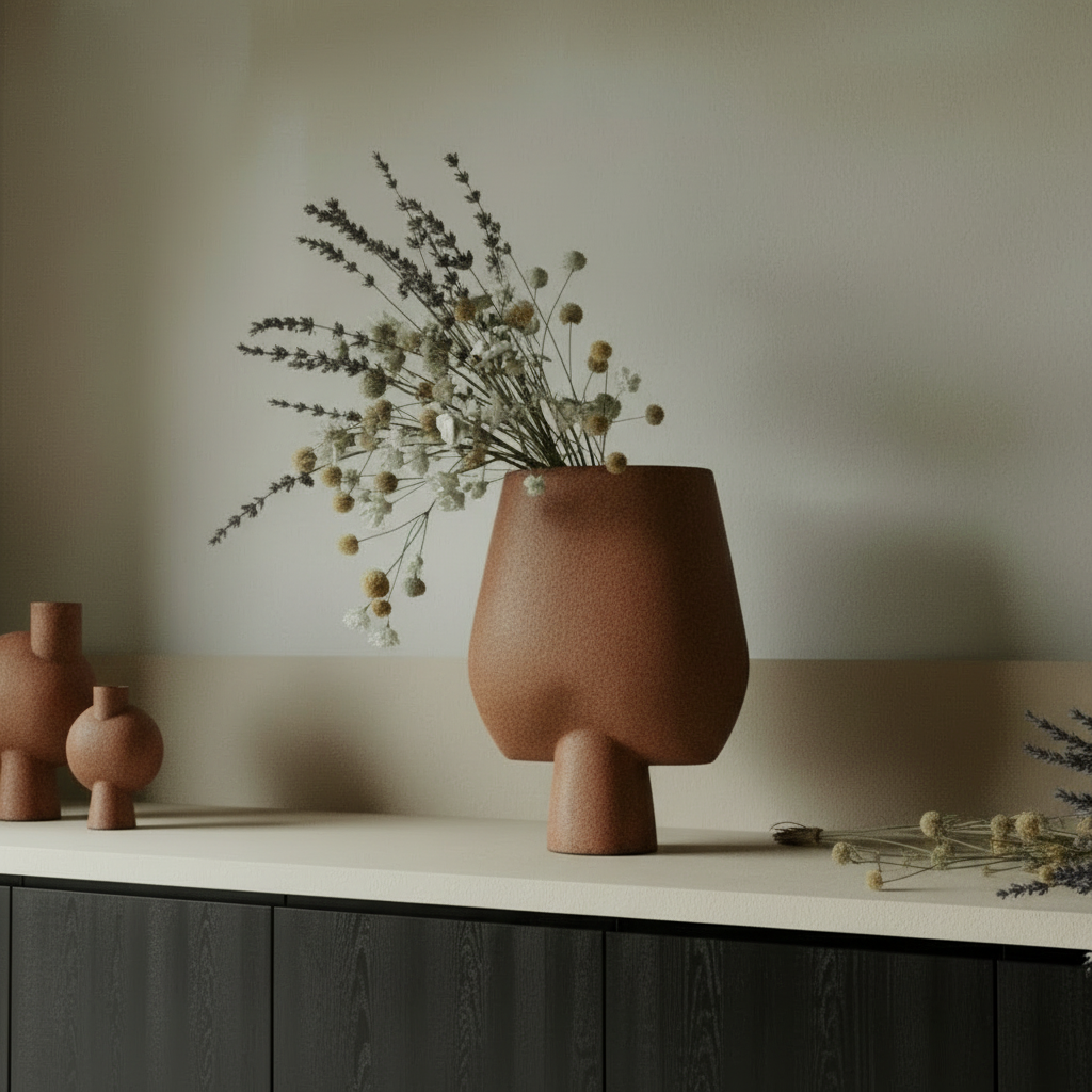 Close-up of terracotta vase with floral arrangement
