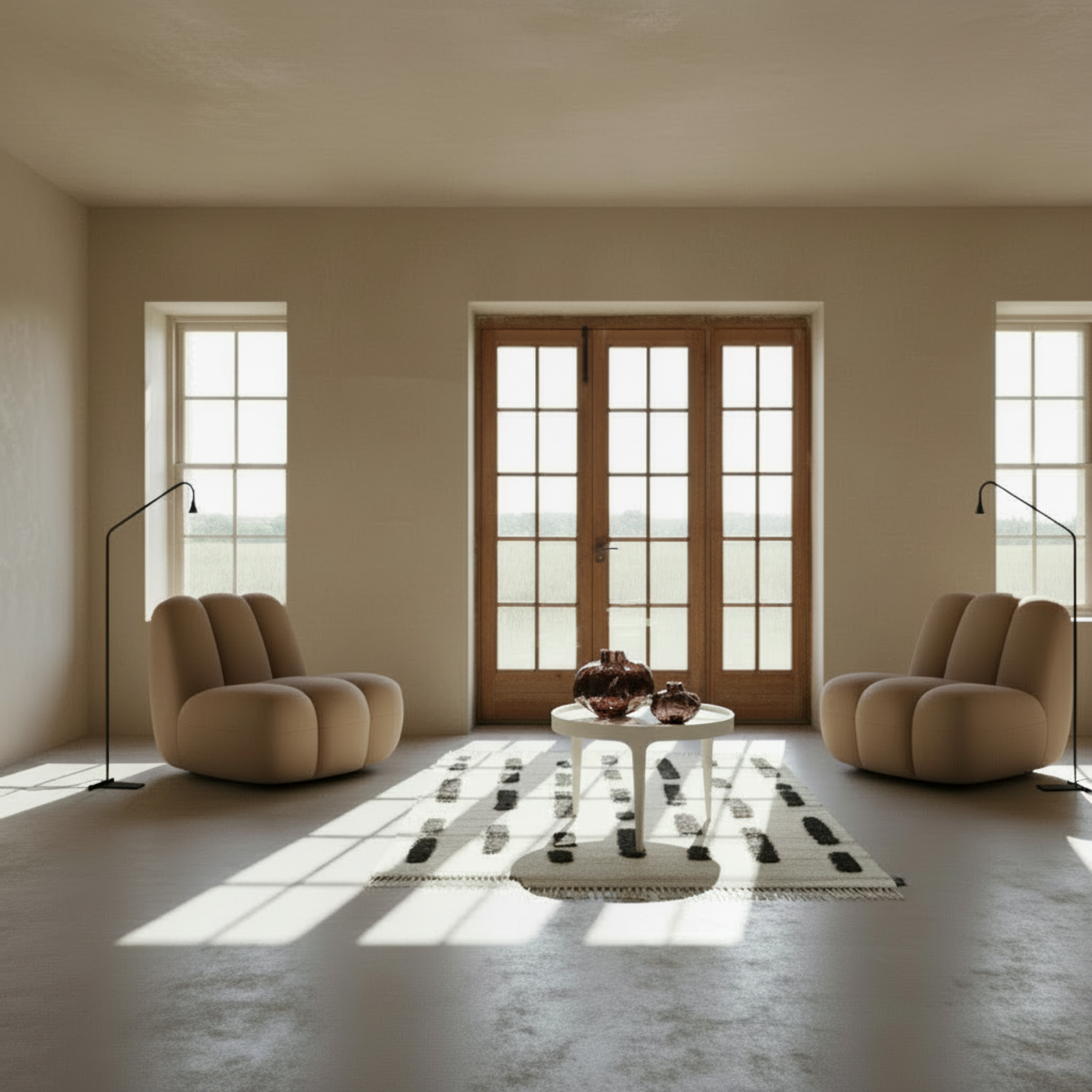 Complete styled room with Wabi vases, two Toe Chairs, Phantom Table, Laine Rug and Austere Light