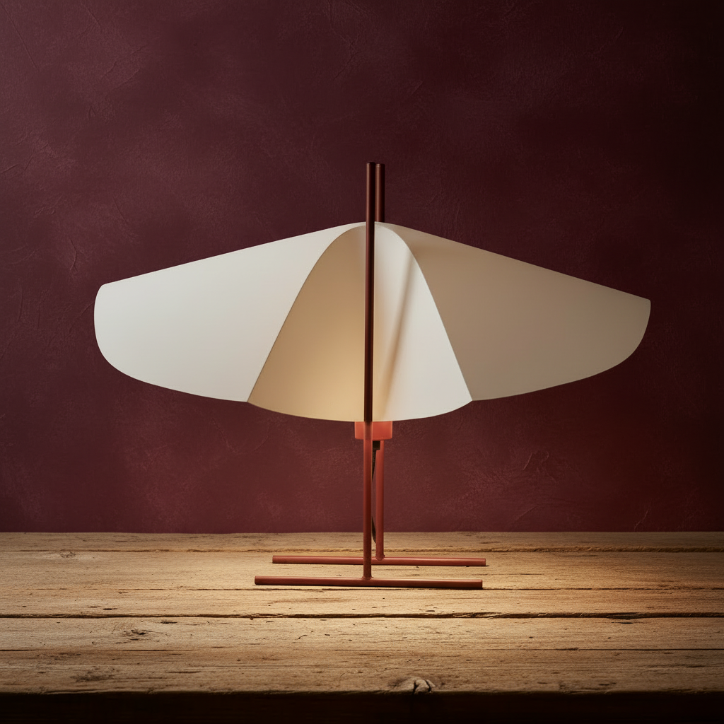 Deep burgundy limewash background with lamp turned off on barnboard