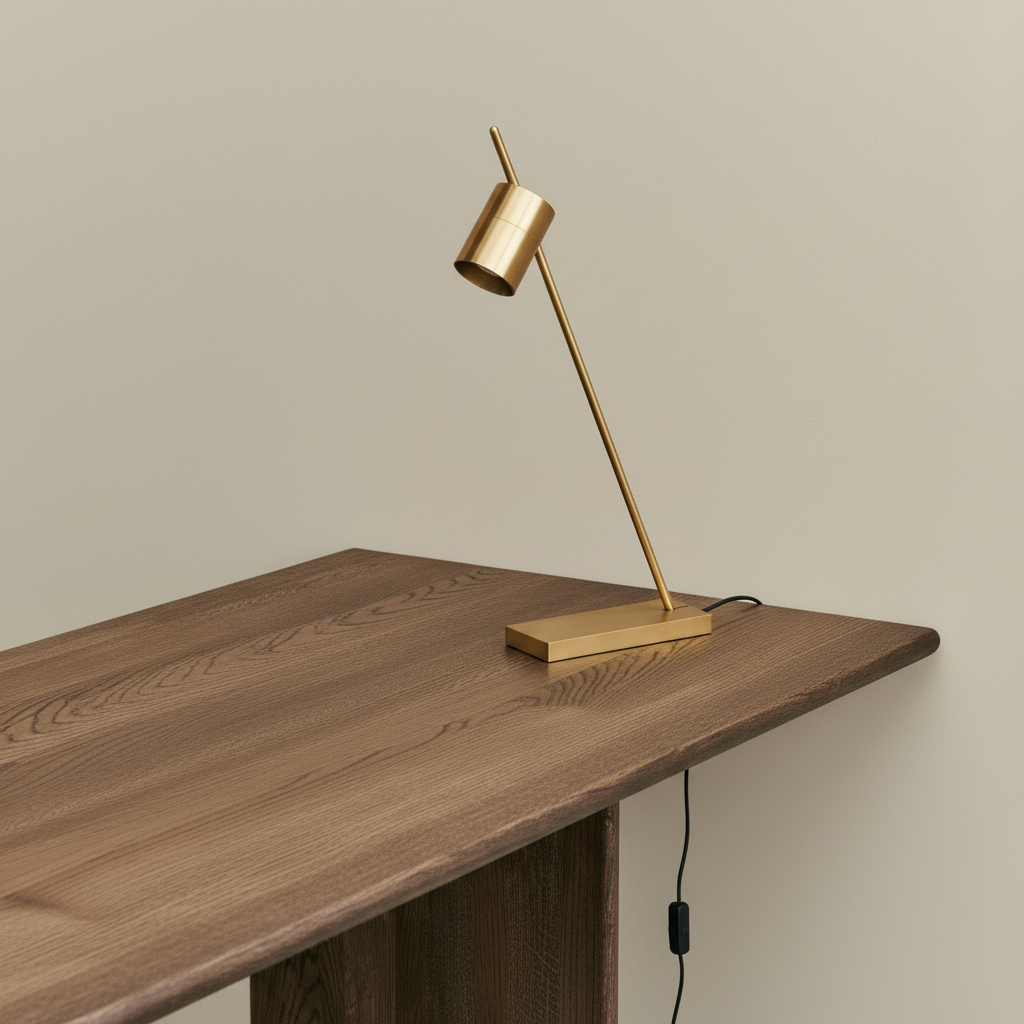 Desk corner with Trizo21 Aude brass lamp