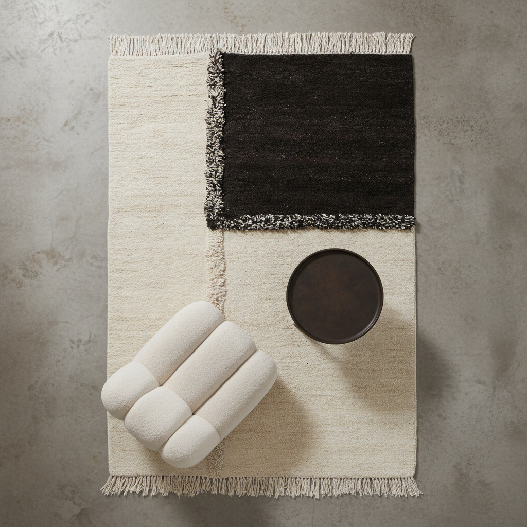 E-1027 White + Black Knotted Plush — Styled with Toe Chair & Phantom Table