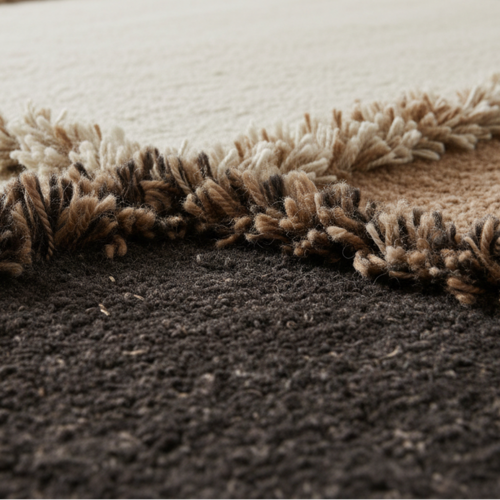 E-1027 White + Brown + Black Knotted Plush — Fringe Detail Close-Up