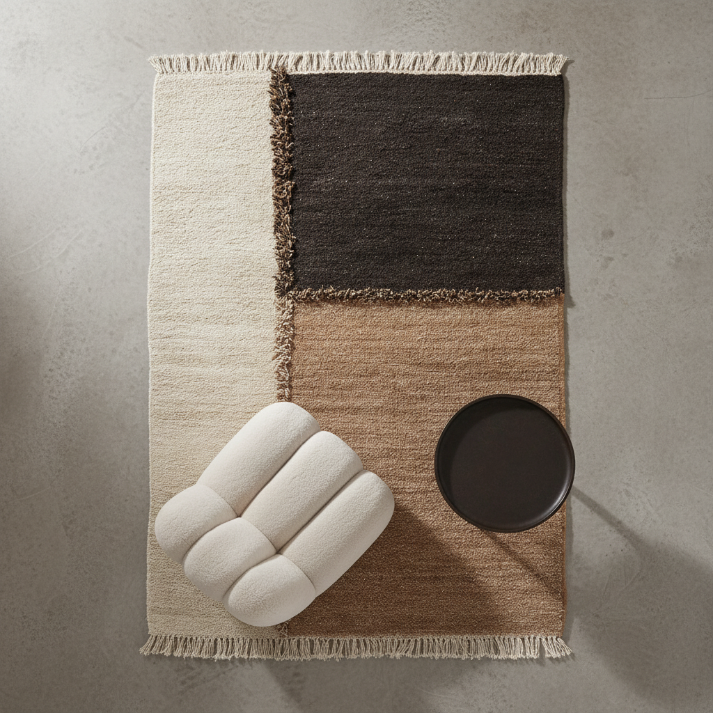 E-1027 White + Brown + Black Knotted Plush — Styled with Toe Chair & Phantom Table