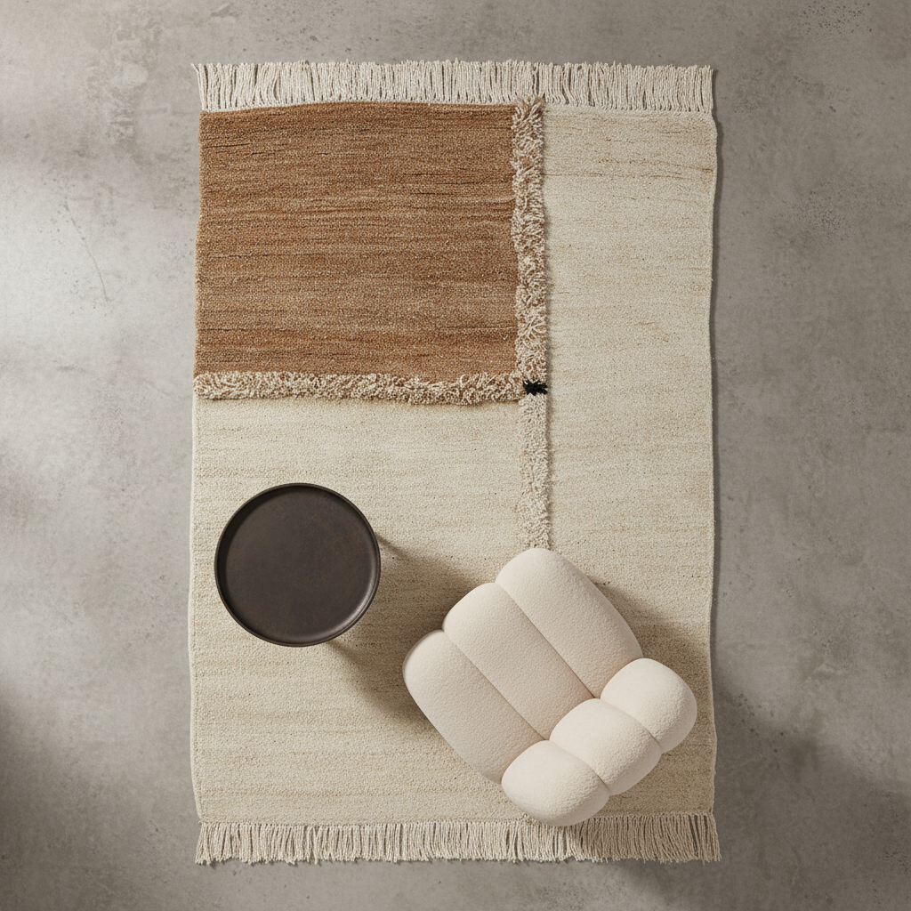 E-1027 White & Brown Knotted Plush — Styled with Toe Chair & Phantom Table