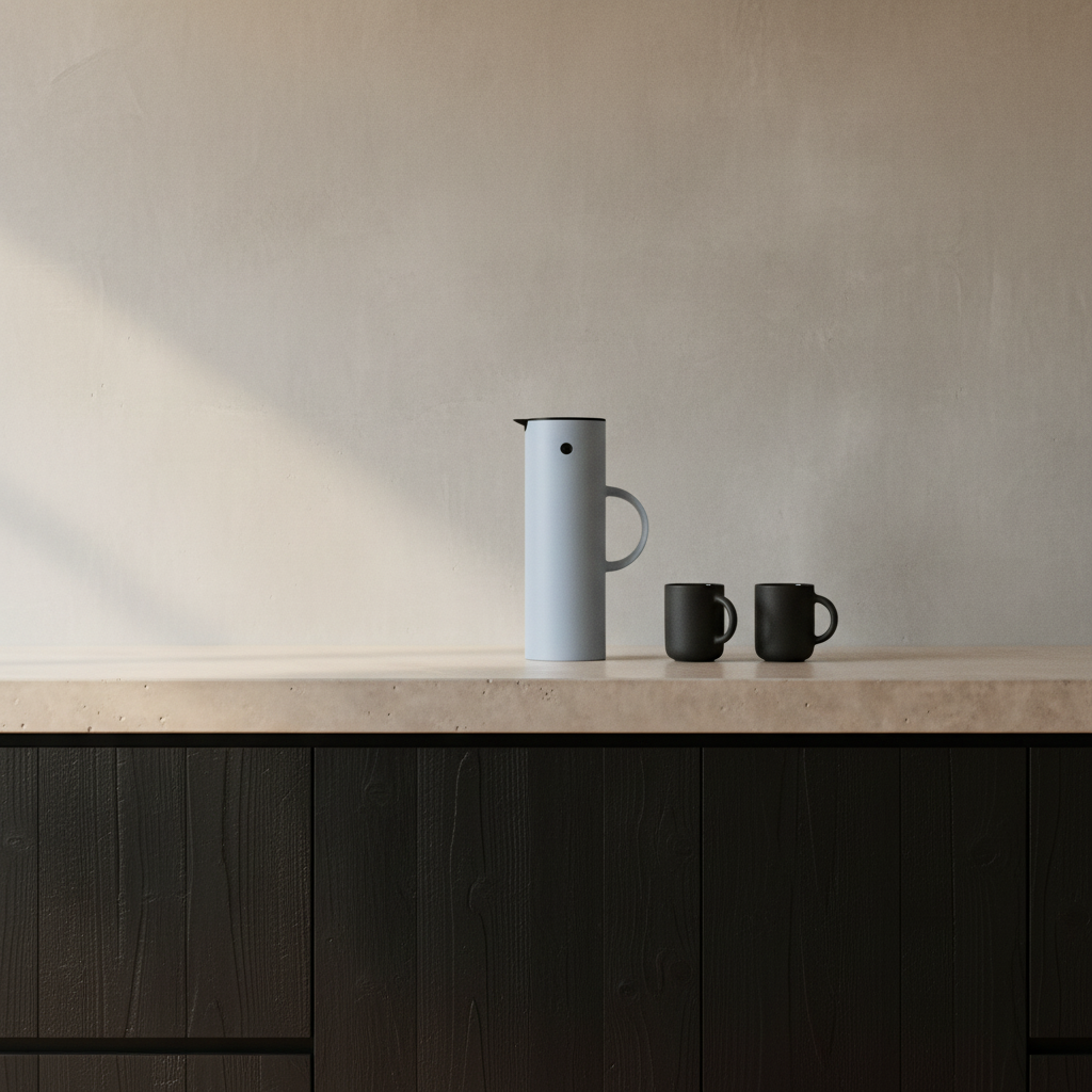 EM77 Jug with Theo Mugs in Nordic Kitchen