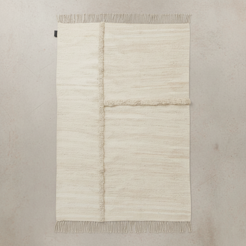 EM77 Woven White — Overhead Flat Lay, Pale Concrete