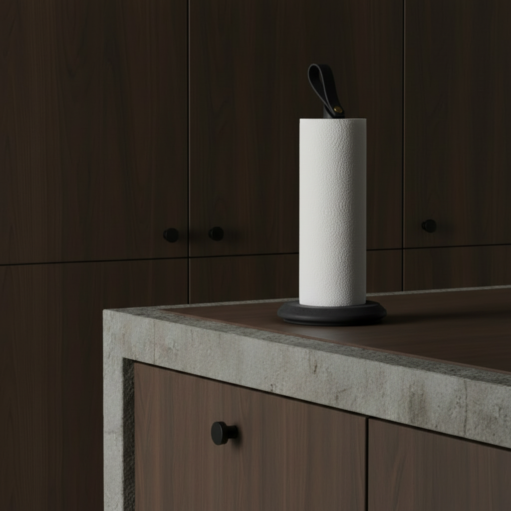 Grab paper towel holder in dark kitchen