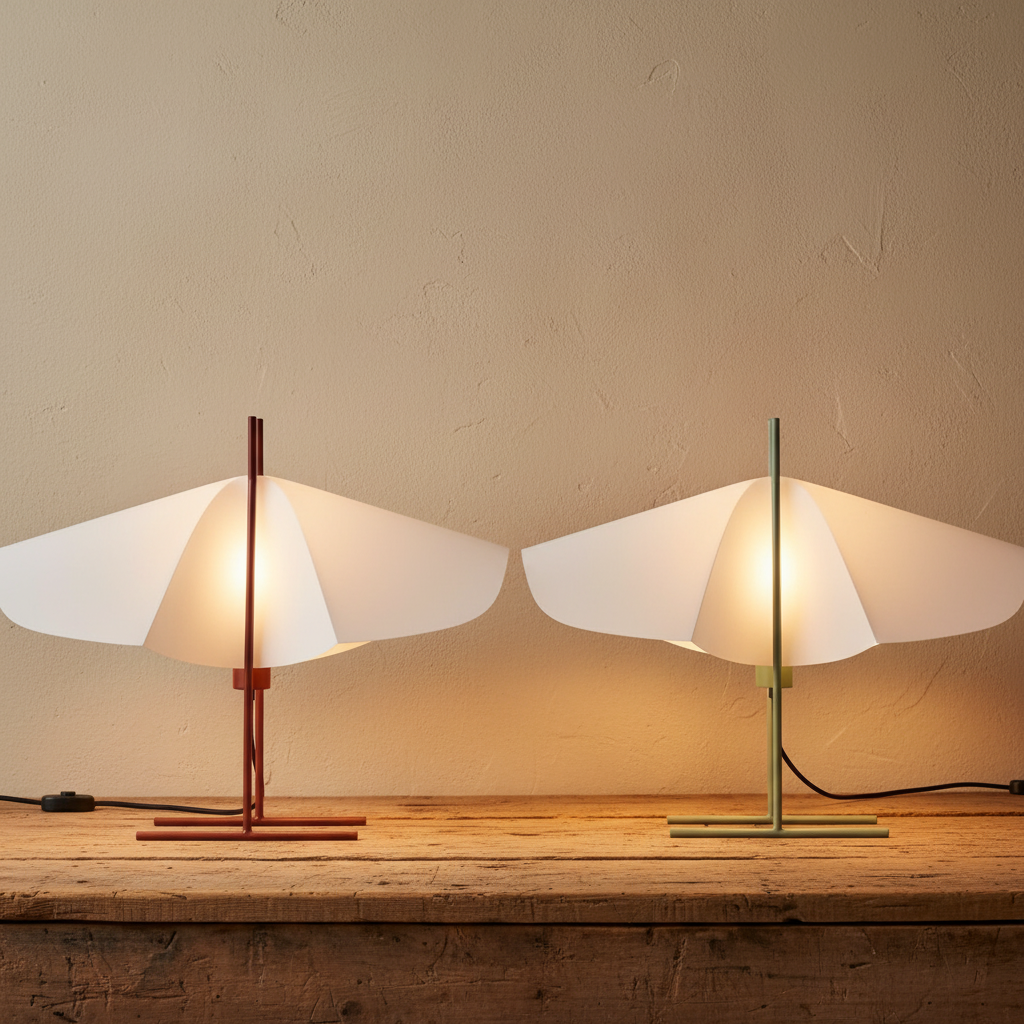 Illuminated table lamps on barnboard with beige limewash background