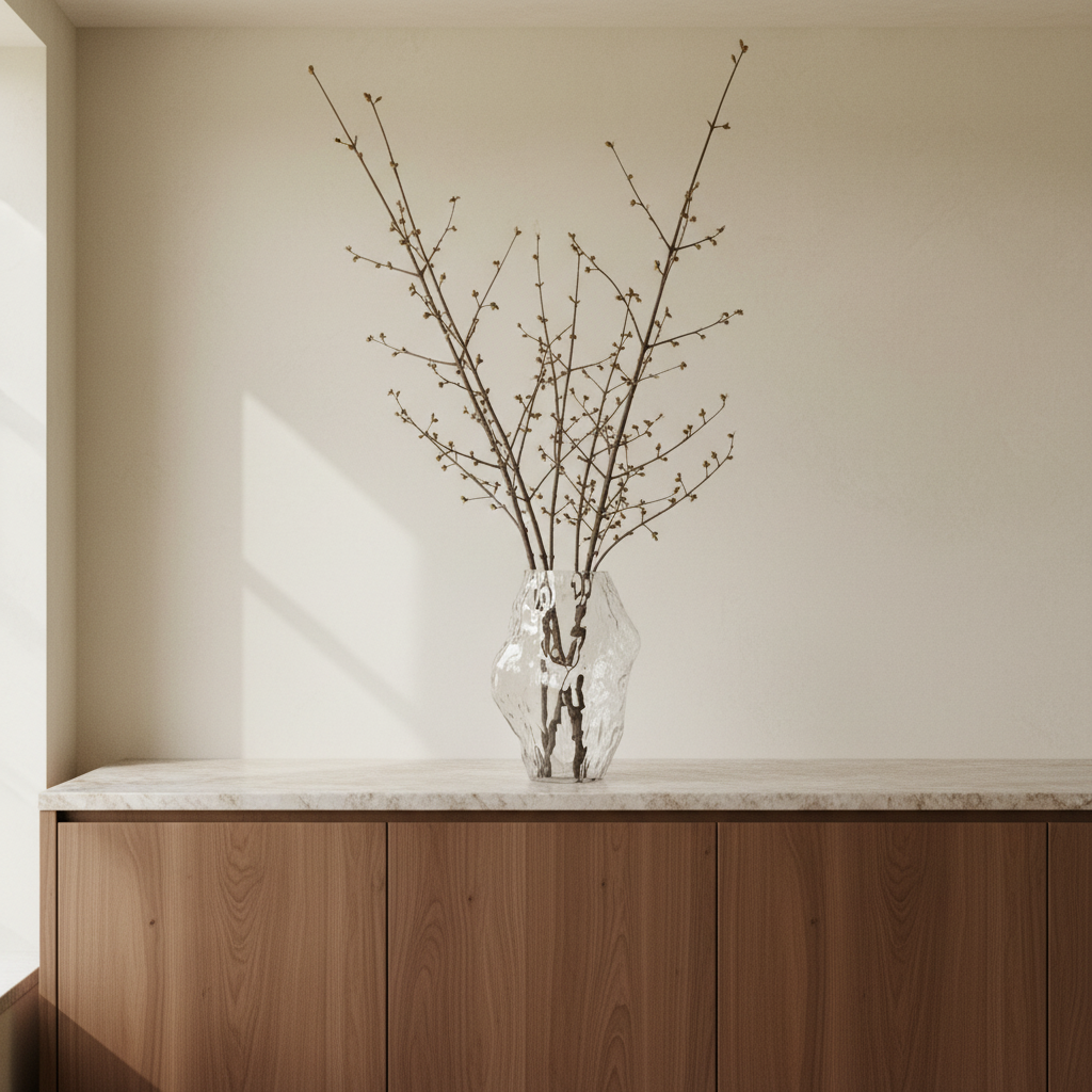 Katachi Clear Vase in Lime-washed Kitchen