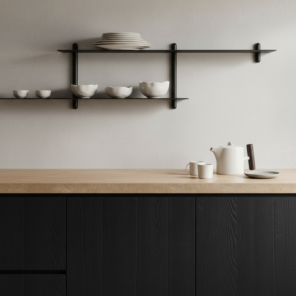 Kitchen with Nivo Shelf, Native dinnerware and tea set