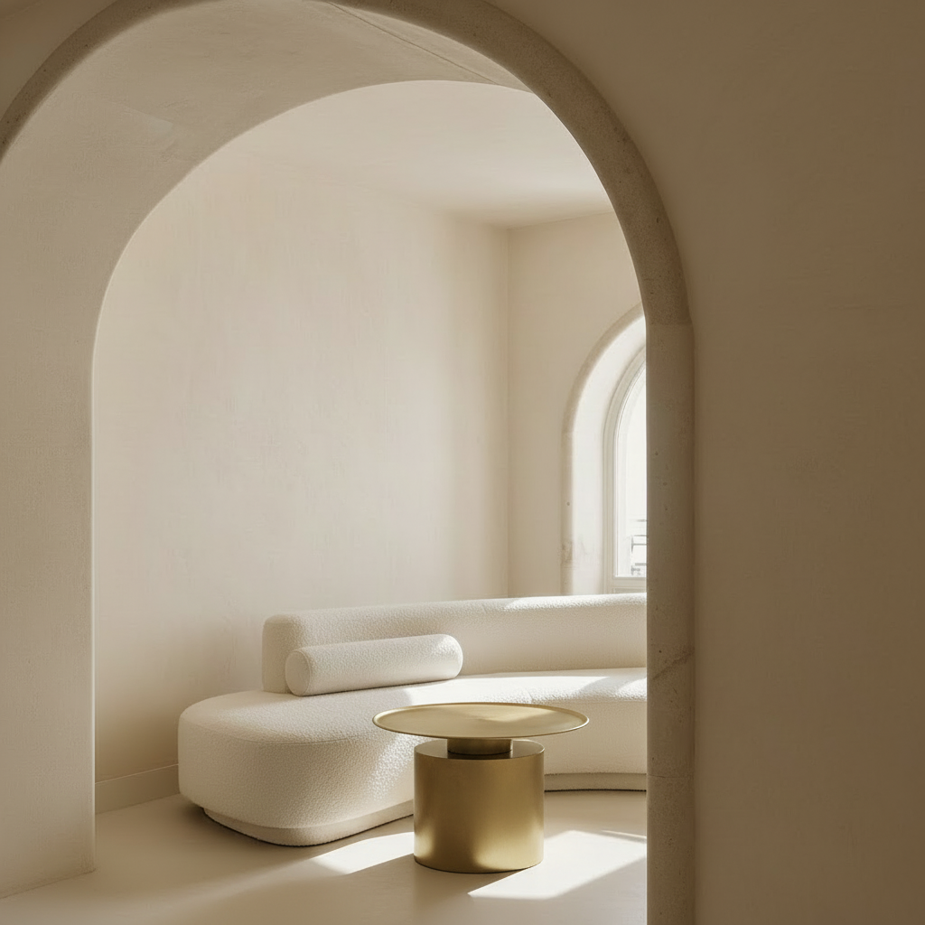 Limewash interior with curved sofa and brass coffee table