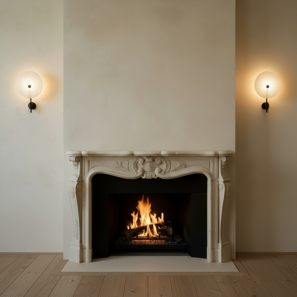 Liris Sconces with Limestone Fireplace and Oak Floor