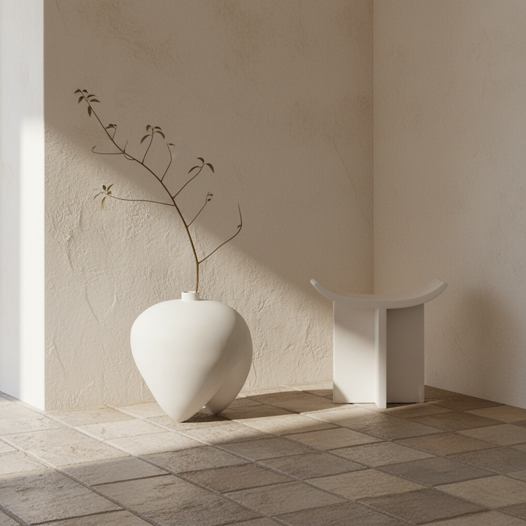Mediterranean entryway with accurately proportioned Brutus Stool and Sumo Vase