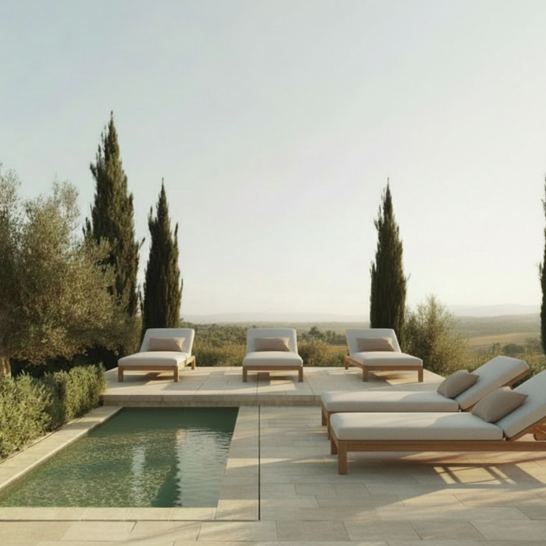 Mediterranean pool with sunloungers on right patio