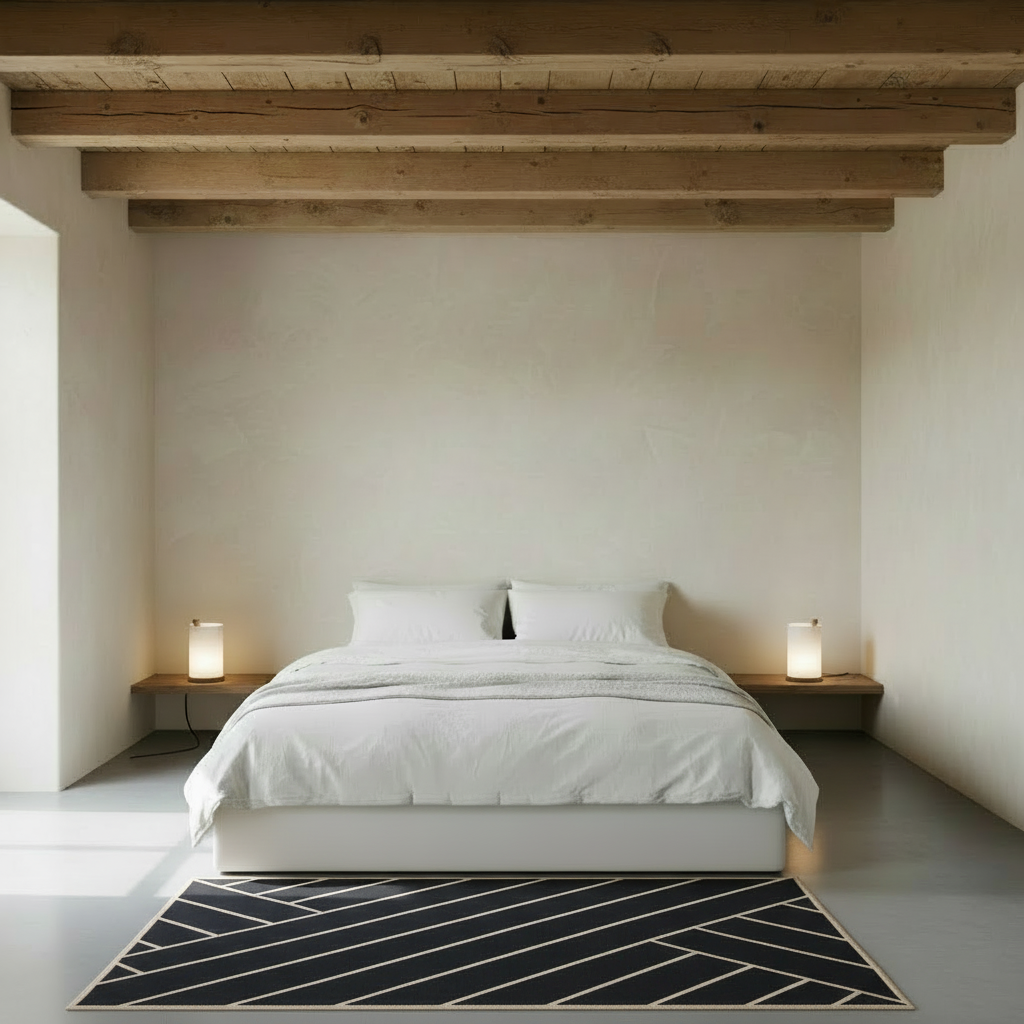 Minimalist bedroom with ENSO lights and VK-2 rug