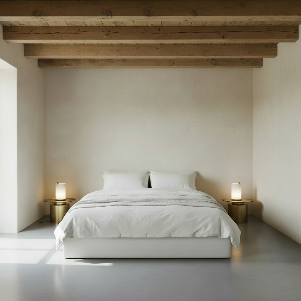 Minimalist bedroom with Pillar brass tables and ENSO lights