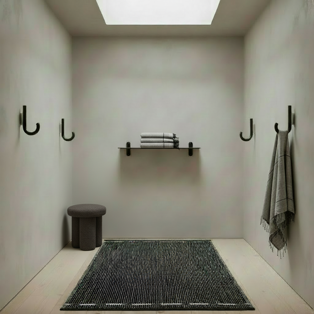 Minimalist hallway with Big Foot Stool, Nivo Shelf, hooks, and VK-3 rug