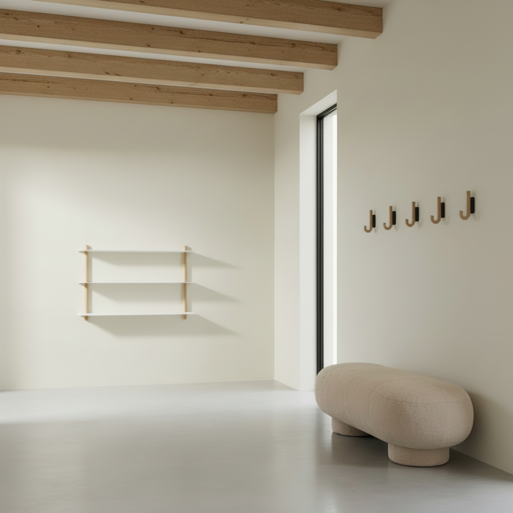 Minimalist hallway with enhanced plush sheepskin bench