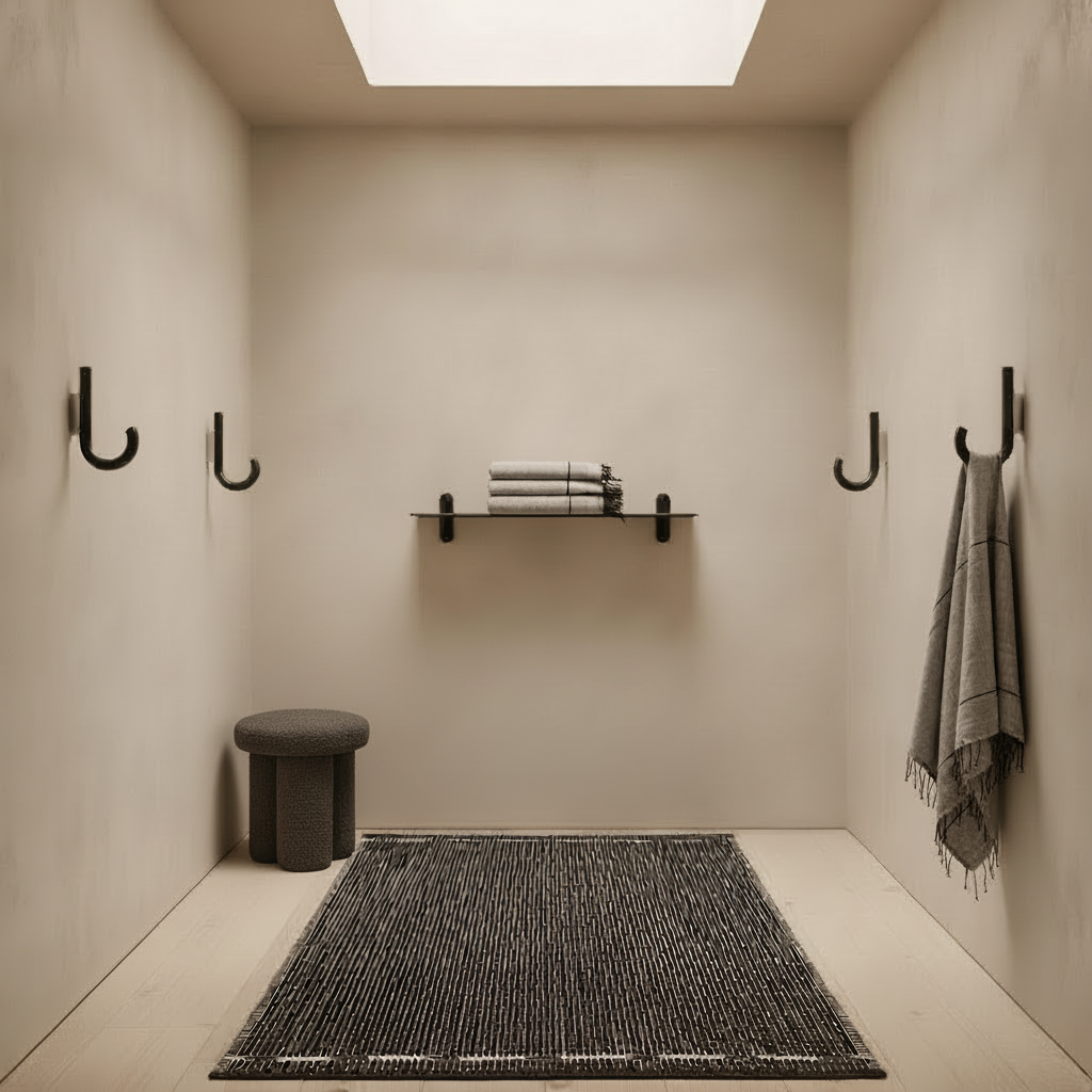 Minimalist hallway with stool and towels