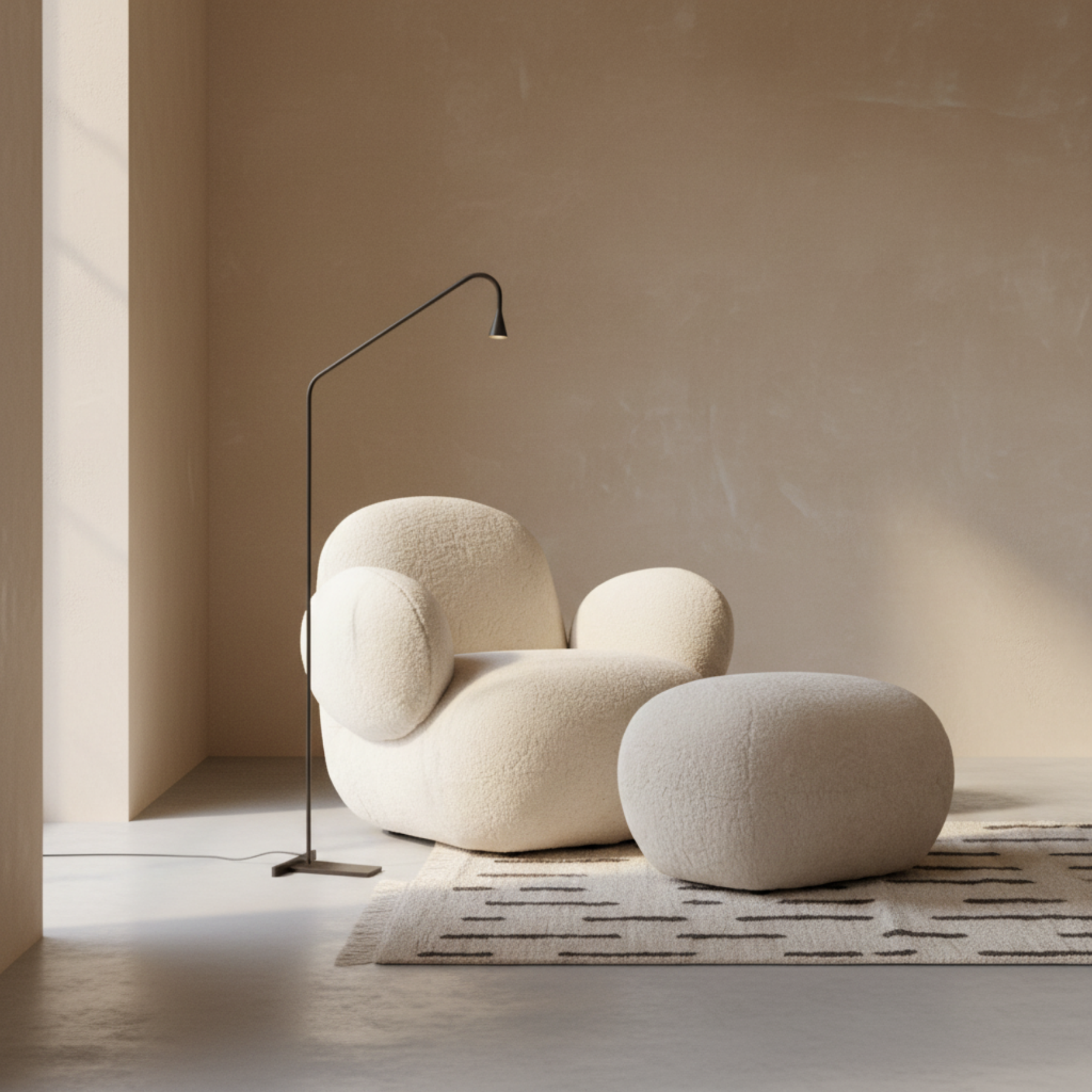 Minimalist interior with Toe Chair, Ottoman, Austere Floor Lamp, and Laine rug