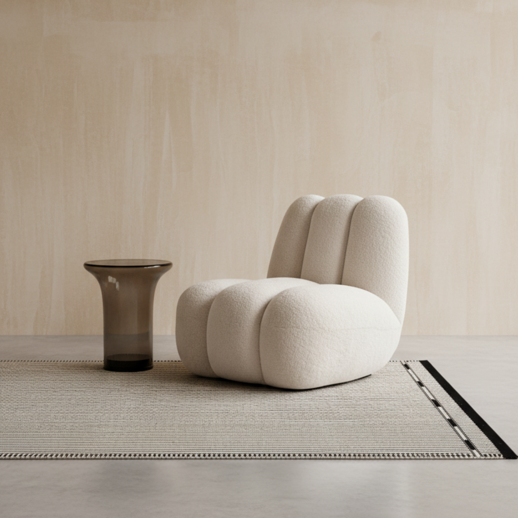 Minimalist interior with Toe Chair, VK-3 Rug, and Trumpet Table
