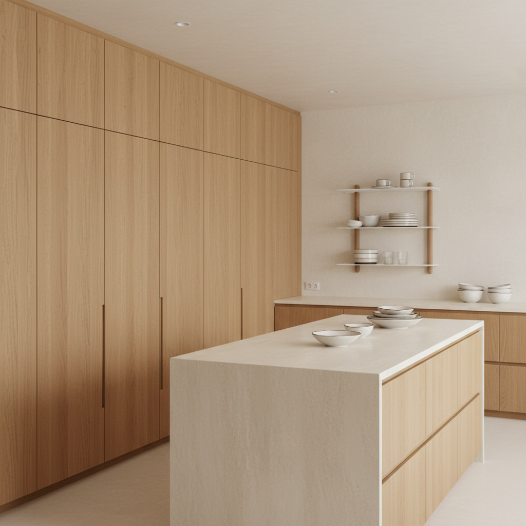 Minimalist kitchen with Nivo Shelf and Native Dinnerware